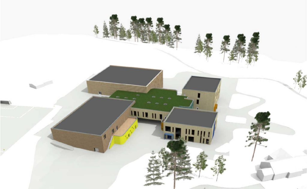 Her viser vi tre ulike fasadevinkler på det nye skoleanlegget på Stevningsmogen. Illustrasjon: Spinn Arkitekter